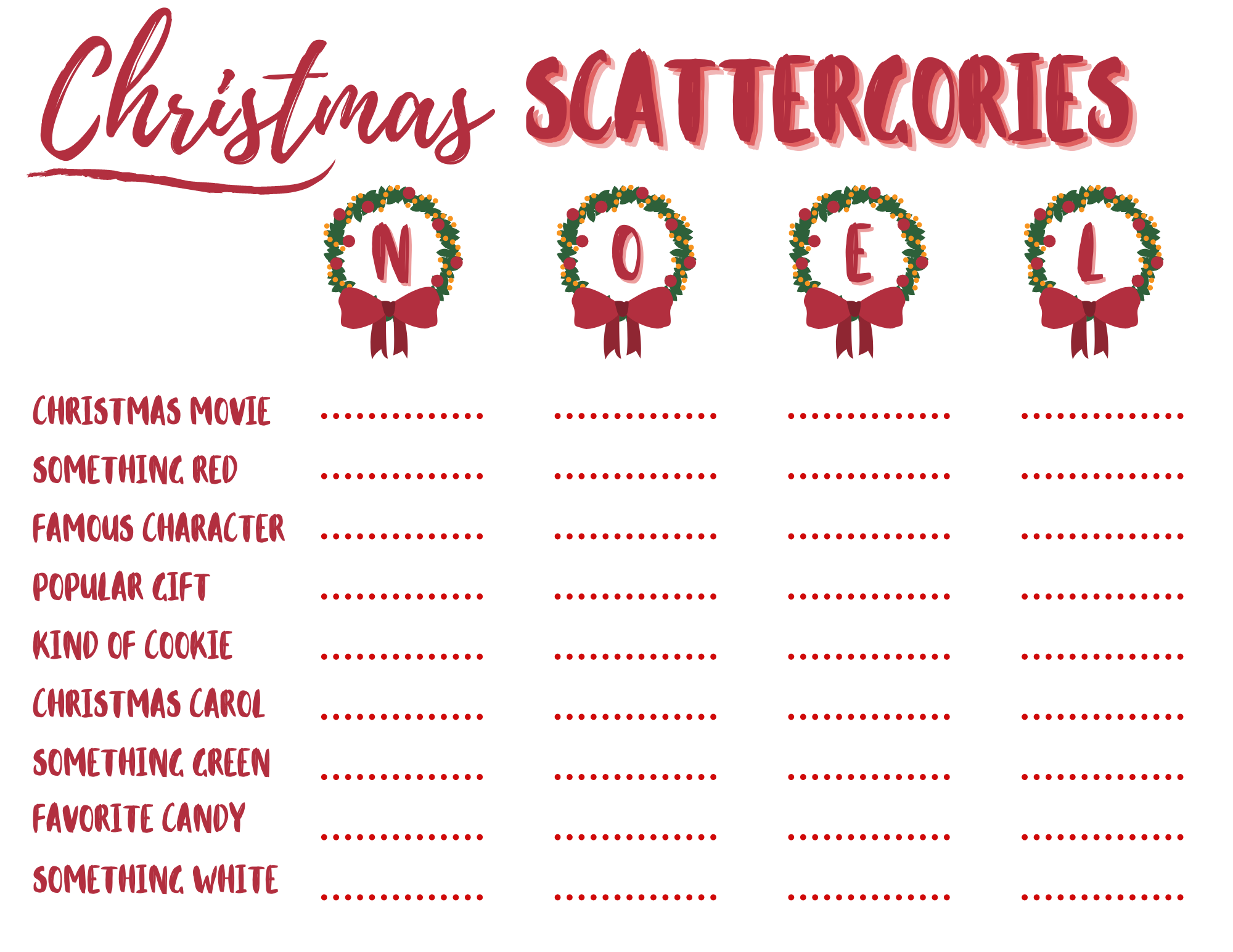 christmas scattergories free printable for game night